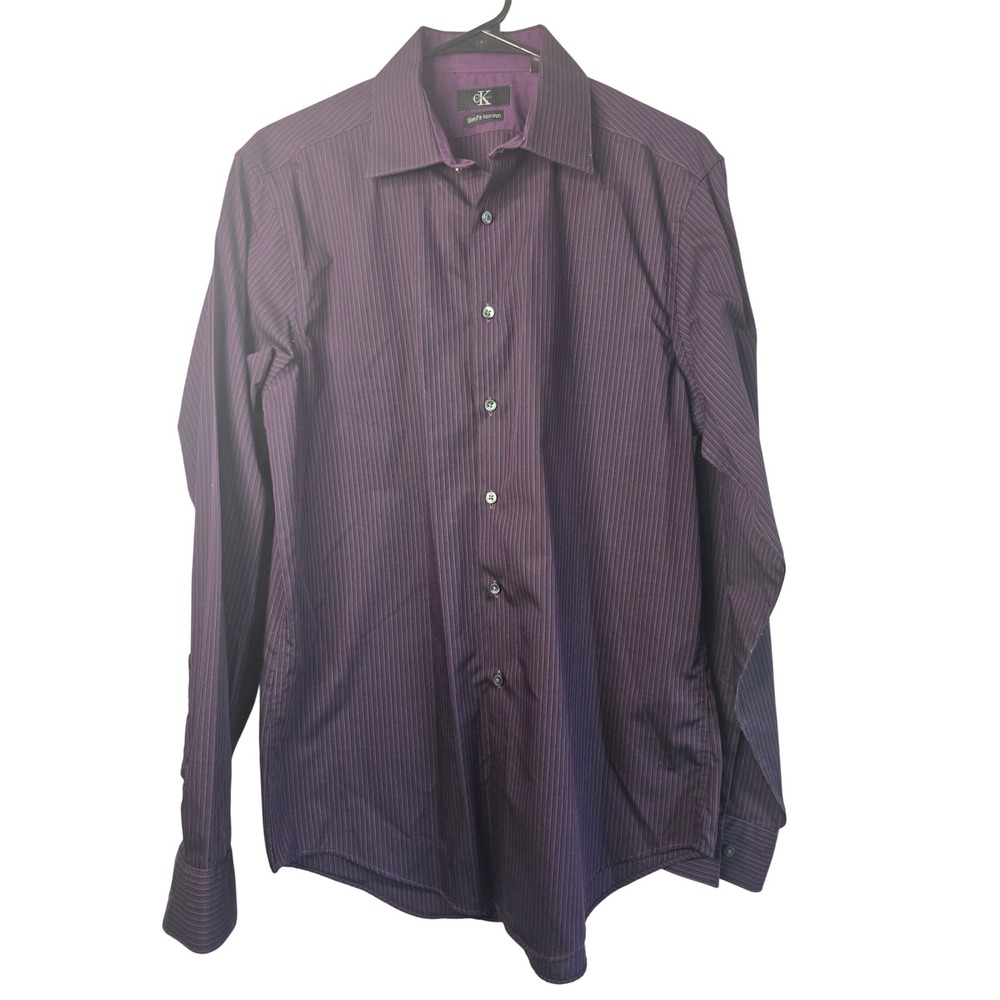 Calvin Klein Mens Slim Fit Non Iron Pinstripe Dress Shirt Purple Large 16 34/35